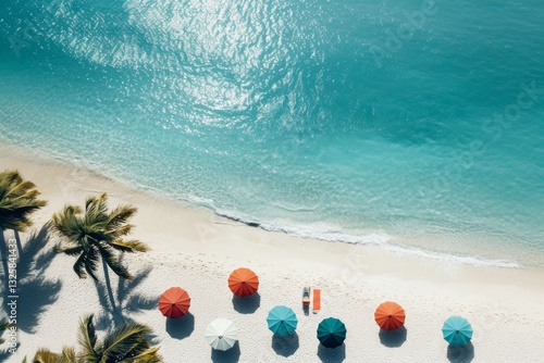 aerial top view of colorful beach umbrellas on the tropical beach with palm trees