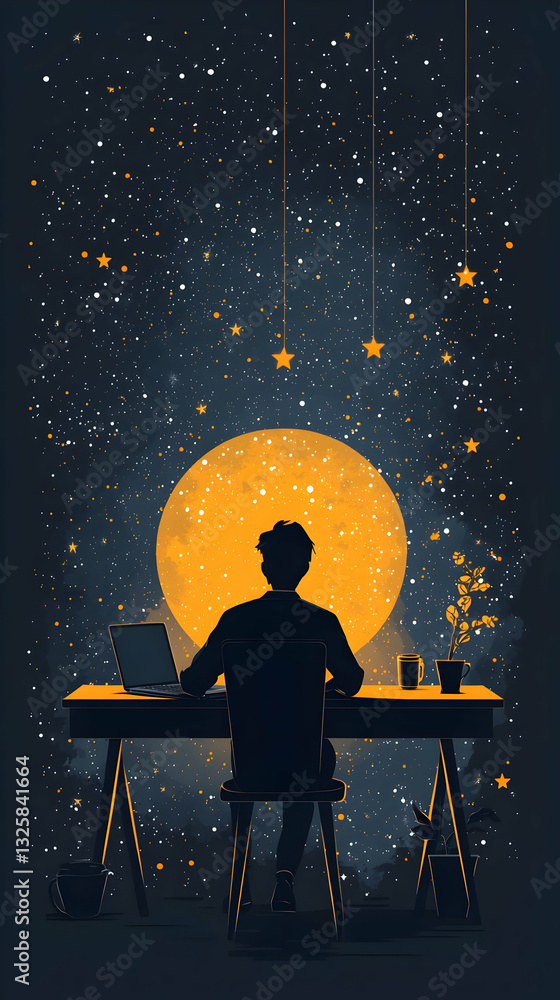 Silhouette of Person Working at Desk under Starry Night Sky with Large Yellow Moon Silhouette of Person Working at Desk under Starry Night Sky with Large Yellow Moon