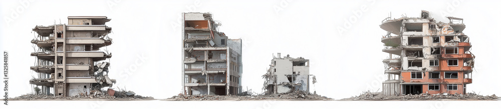 A set of destroyed Apartment or office building destroyed and being demolished isolated on white background A set of destroyed Apartment or office building destroyed and being demolished isolated on white background