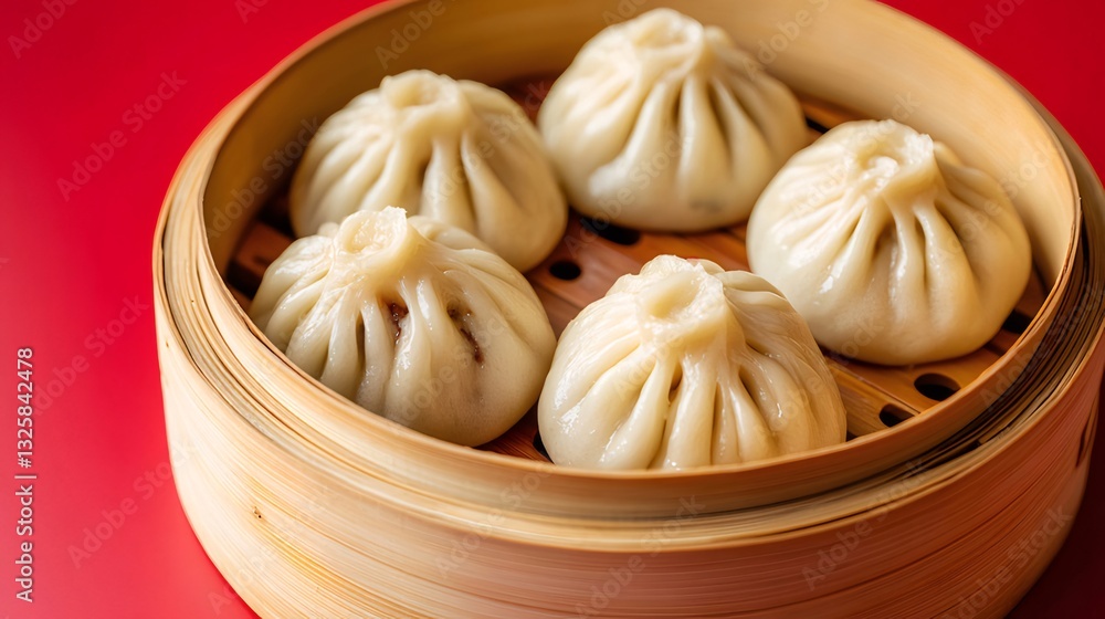 Steamed Baozi Dumplings in Bamboo Steamer on Red Background Steamed Baozi Dumplings in Bamboo Steamer on Red Background