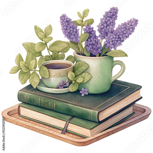 A cozy arrangement featuring a stack of books, a green cup, and vibrant lilac flowers alongside fresh green leaves.