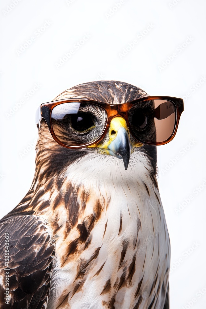 Fototapeta premium Hawk wearing sunglasses posing for the camera with a cool attitude, bird of prey in fashion accessories, wildlife photography, creative animal portrait.
