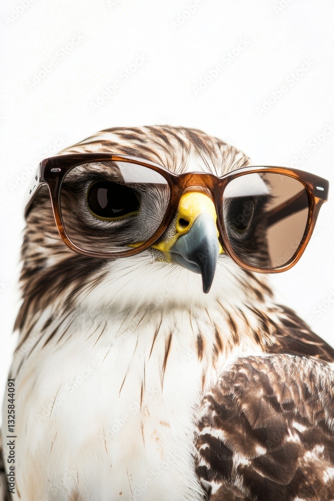 Fototapeta premium Hawk wearing stylish sunglasses posing for the camera in a studio setting, showcasing wildlife photography and trendy animal portraits for creative projects.