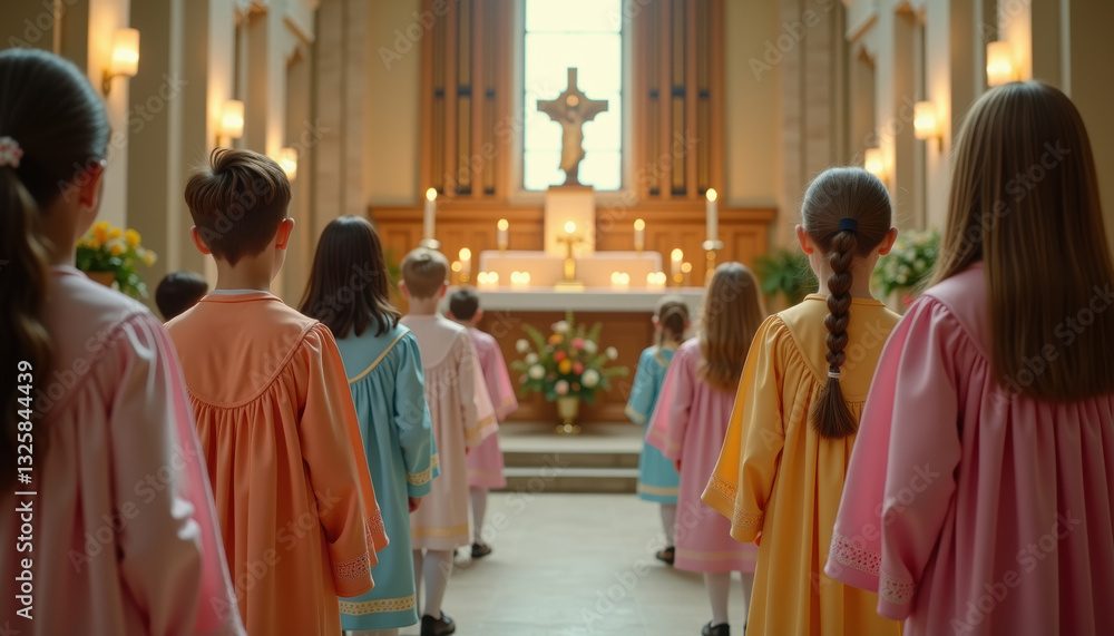 Naklejka premium Easter Sunday choir. Children in colorful choir robes at church service with cross and altar