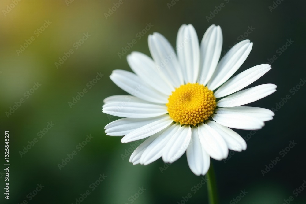 Fototapeta premium Single white daisy, vibrant petals, yellow center, garden, closeup flower, daisy