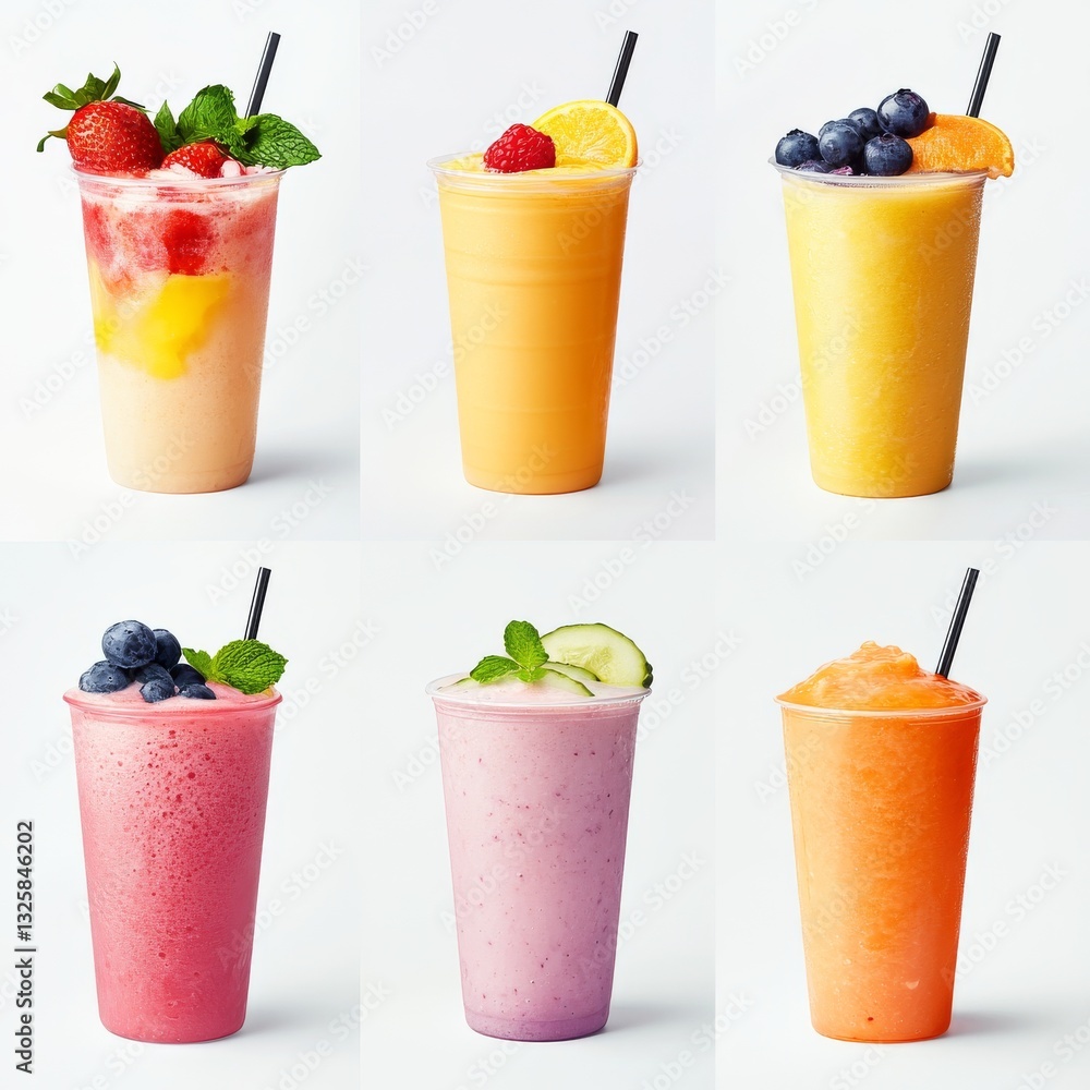Assorted fruit smoothies in clear plastic cups Assorted fruit smoothies in clear plastic cups