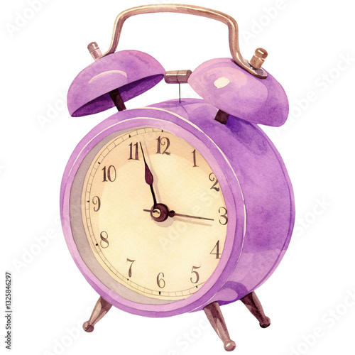 A vintage purple alarm clock with two bells on top and a classic dial displaying the time.