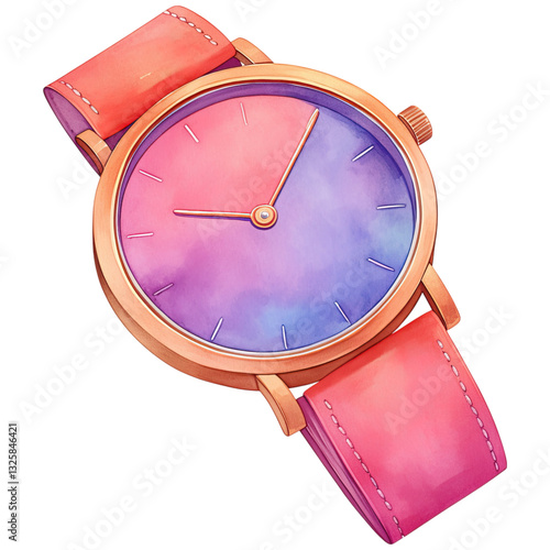 A colorful wristwatch featuring a gradient dial and a stylish strap, showcasing a blend of pink and purple tones.