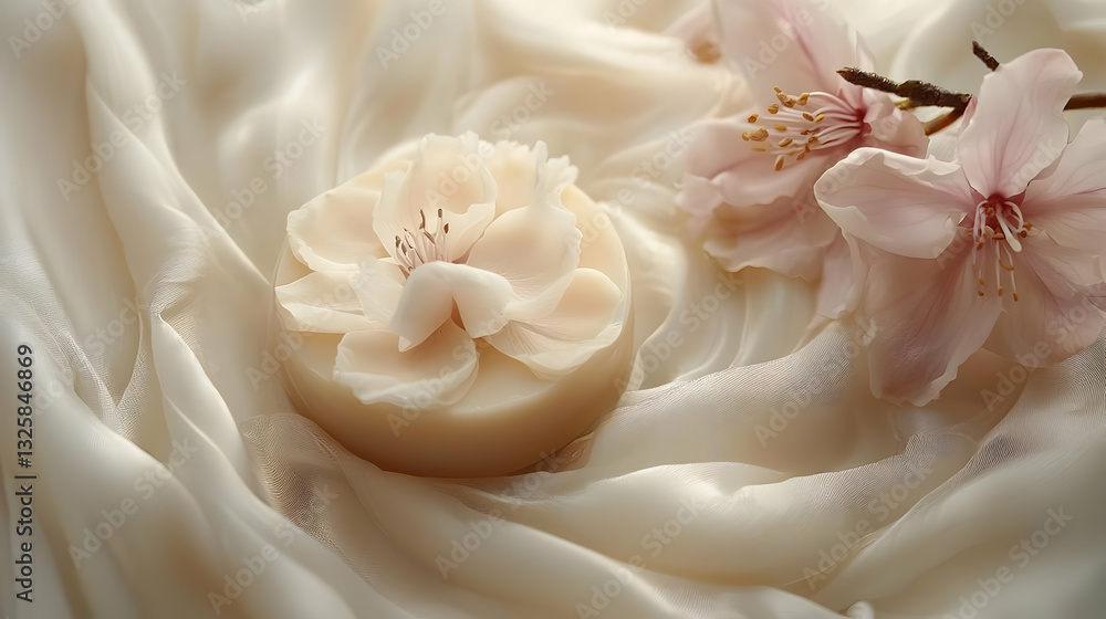 Creamy Floral Soap Resting on Delicate Fabric, Adorned with Soft Pink Blossoms, creating a Serene and Luxurious Scene. Creamy Floral Soap Resting on Delicate Fabric, Adorned with Soft Pink Blossoms, creating a Serene and Luxurious Scene.