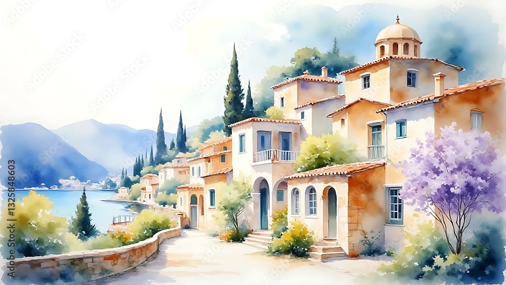 Obraz premium Watercolor Coastal Town: Mediterranean Village Seascape