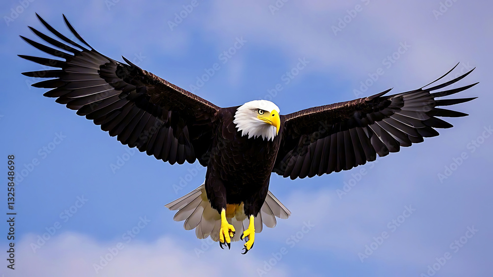 Fototapeta premium Majestic Bald Eagle in Flight with Wings Spread Wide Against a Clear Sky