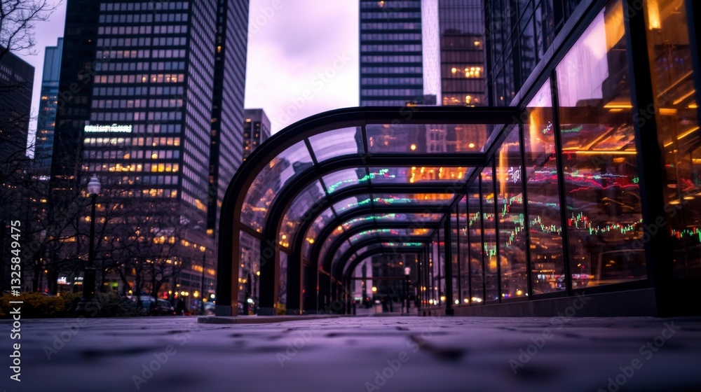 Obraz premium Urban Twilight Financial District Stock Market Graph Reflection