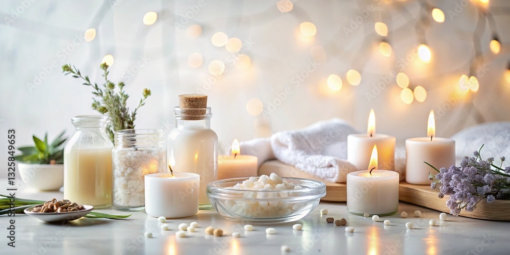 Serene Spa Products Flat Lay: White Background, Soft Bokeh, Copy Space Serene Spa Products Flat Lay: White Background, Soft Bokeh, Copy Space