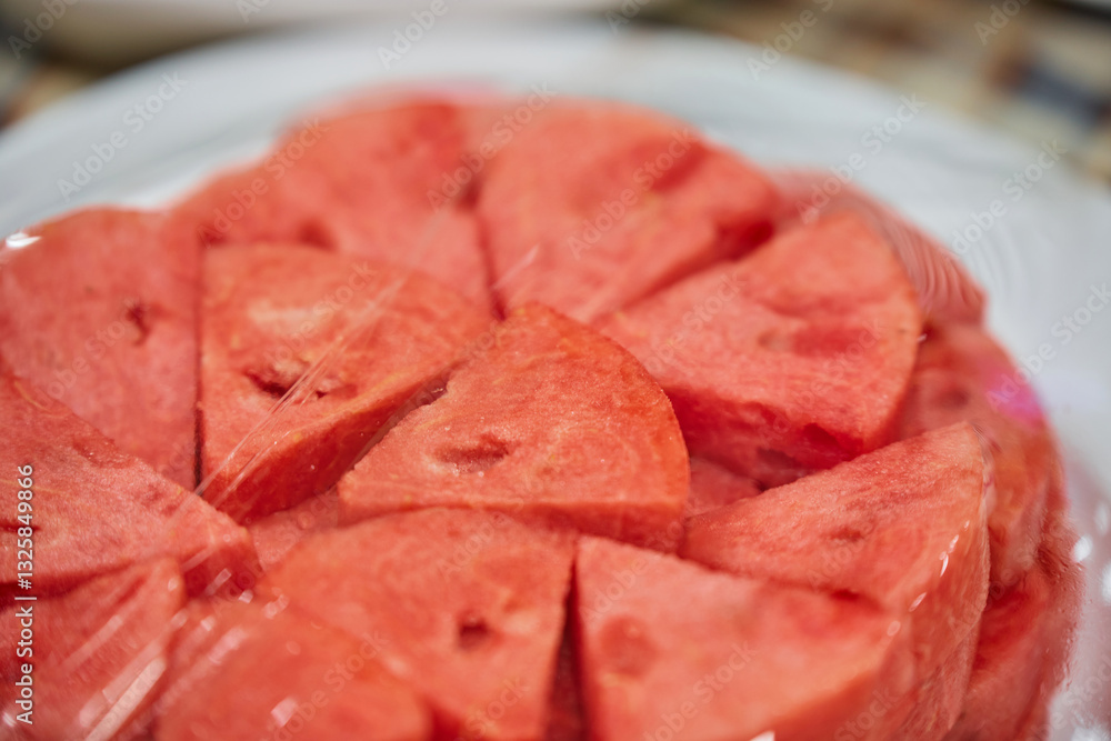 Close-up of chopped ripe watermelon on a plate wrapped with plastic bag Close-up of chopped ripe watermelon on a plate wrapped with plastic bag