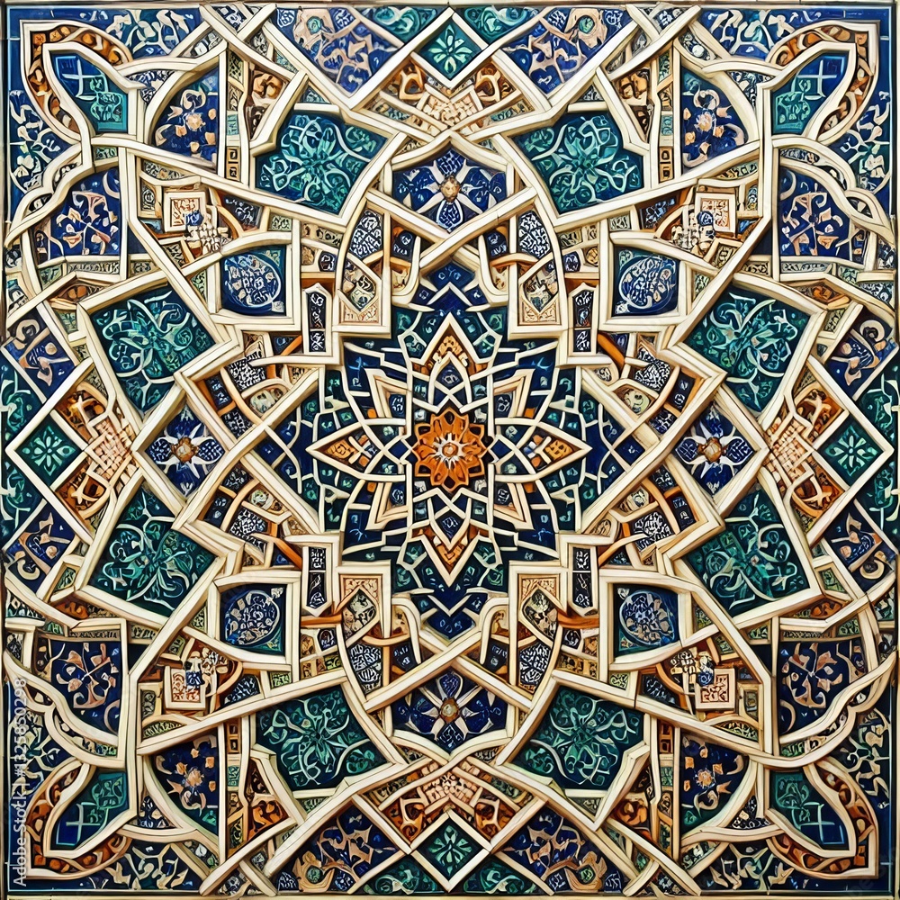 Features intricate geometric and arabesque patterns often using Features intricate geometric and arabesque patterns often using