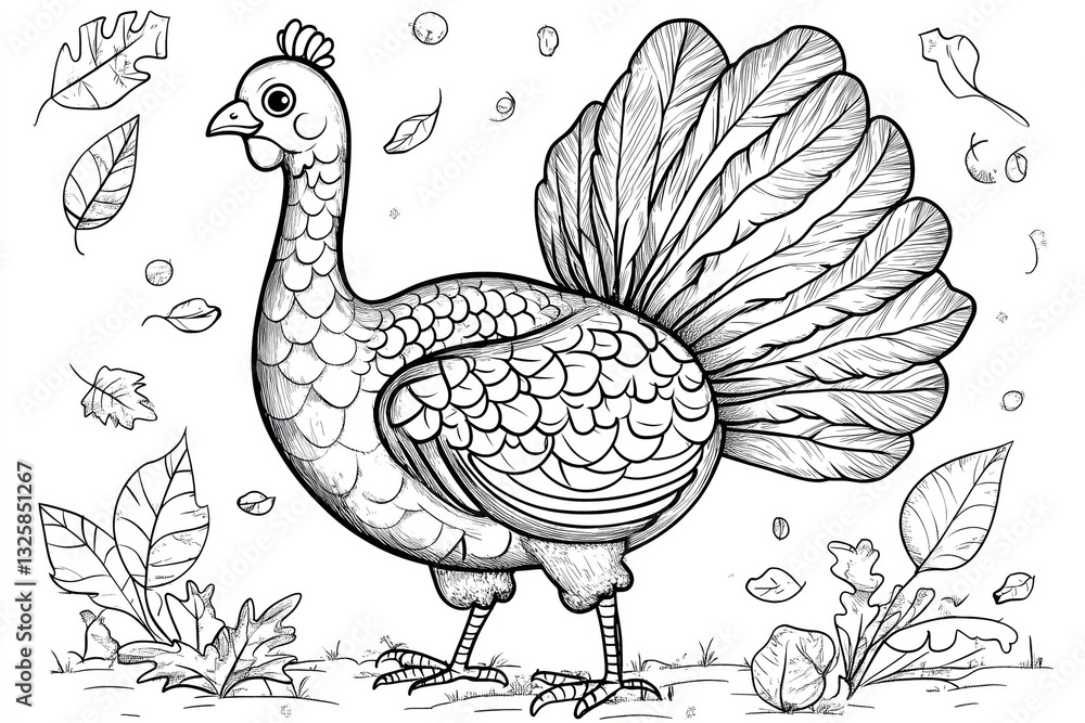 Fototapeta premium coloring page for kids with cute big turkey for thanksgiving