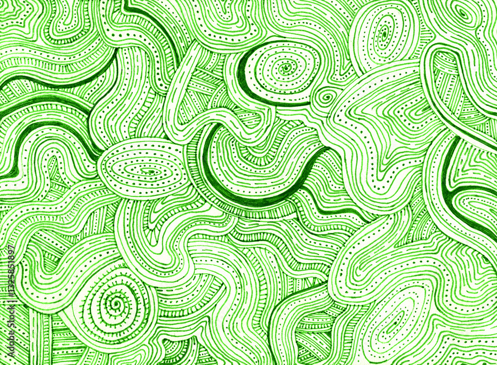 Fototapeta premium Background filled with patterns. Thin green lines, dots, waves on a white background. Doodle. Chaotic ornament. Texture. Different shades of green color.