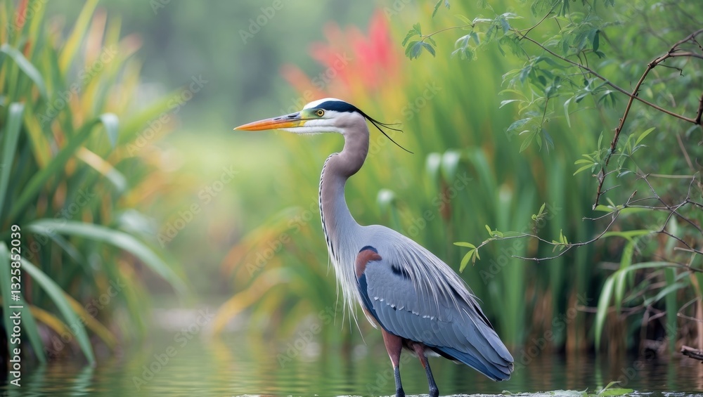 Naklejka premium Majestic Heron Standing Gracefully by Tranquil Waterside Vegetation
