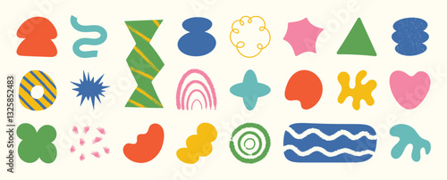Set of abstract organic shapes vector. Collection of contemporary figure, cloud, flower, sparkle, geometric shape in funky groovy. Cute hippie design element perfect for banner, print, stickers. 