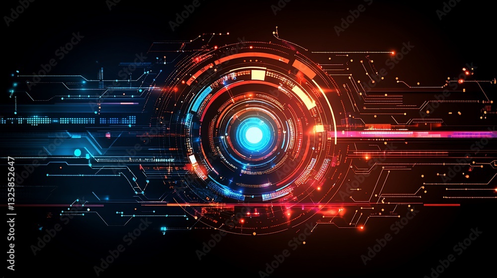 Obraz premium Futuristic technology concept with digital circuits and a glowing center
