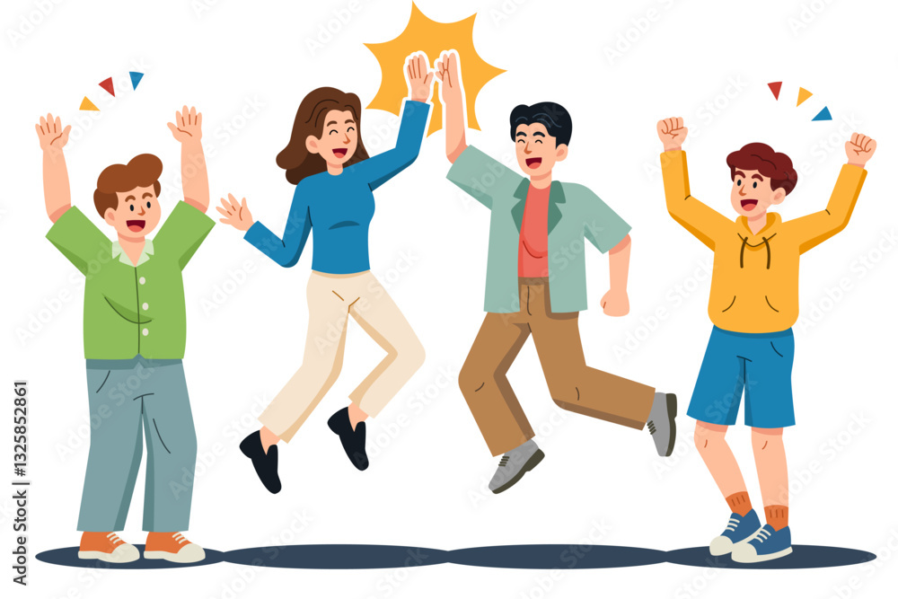 Obraz premium A group of male and female friends jumped to High five touch each other hand and raised their hands