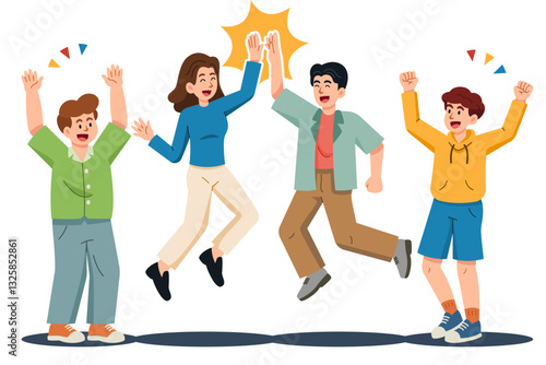 A group of male and female friends jumped to High five touch each other hand and raised their hands