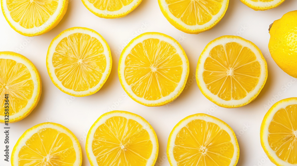 Fresh lemon slices arranged beautifully on a white background. Fresh lemon slices arranged beautifully on a white background.