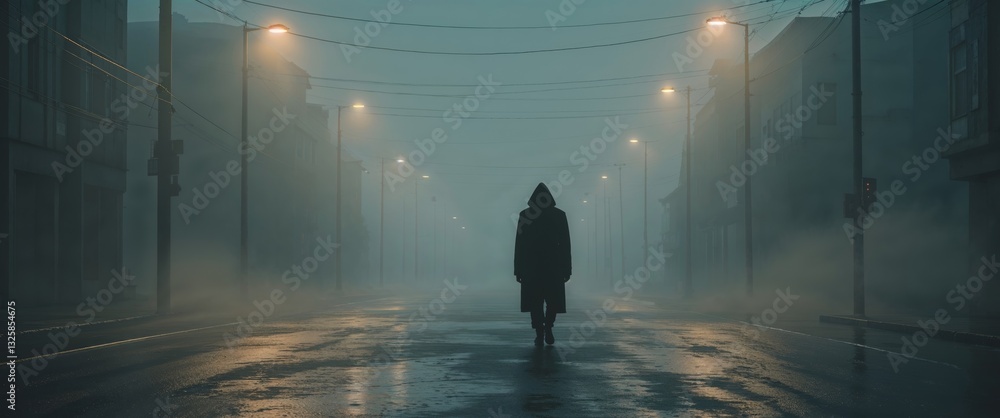 Solitary Figure Walking Down Empty Street in Mysterious Foggy Atmosphere at Dusk Solitary Figure Walking Down Empty Street in Mysterious Foggy Atmosphere at Dusk