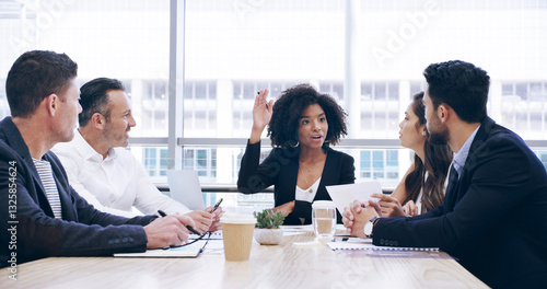 Planning, business people and leader in meeting for discussion, brainstorming ideas and accounting. Teamwork, agenda or group collaboration for investment report, bookkeeping and financial strategy