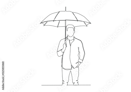 Continuous one line art of a man holds an open umbrella above himself, Silhouette of a modern attractive man in a shirt.
