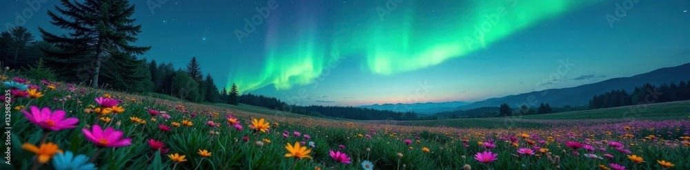 Fototapeta premium Serene meadow, vibrant flowers, aurora borealis, starry night , dreamy, colorful