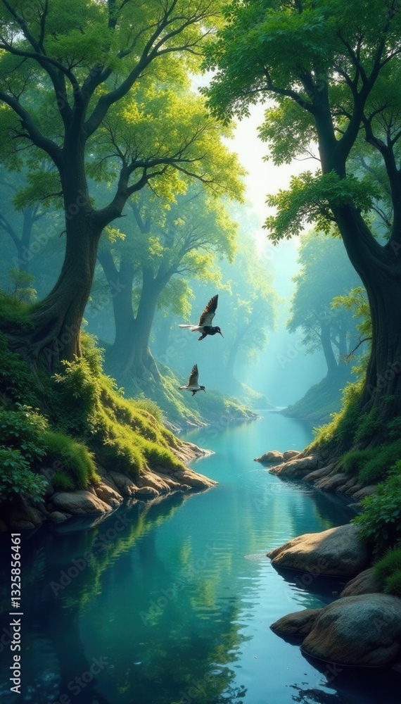 Serene river flows past ancient trees, birds in flight , leaves, view Serene river flows past ancient trees, birds in flight , leaves, view