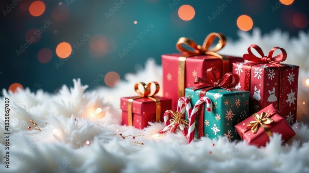 Festive presents nestled in soft white fluff, adorned with elegant ribbons and candy canes, bathed in warm holiday glow Festive presents nestled in soft white fluff, adorned with elegant ribbons and candy canes, bathed in warm holiday glow