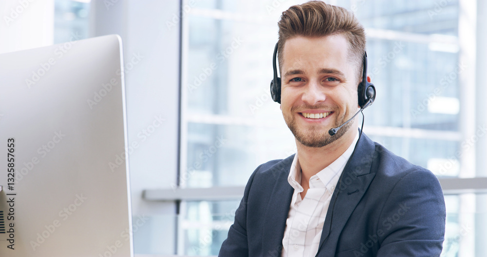 Portrait, business and man with computer, call center and smile with friendly service in office. Face, person and consultant in workplace, pc or telemarketing with professional, headset and pride