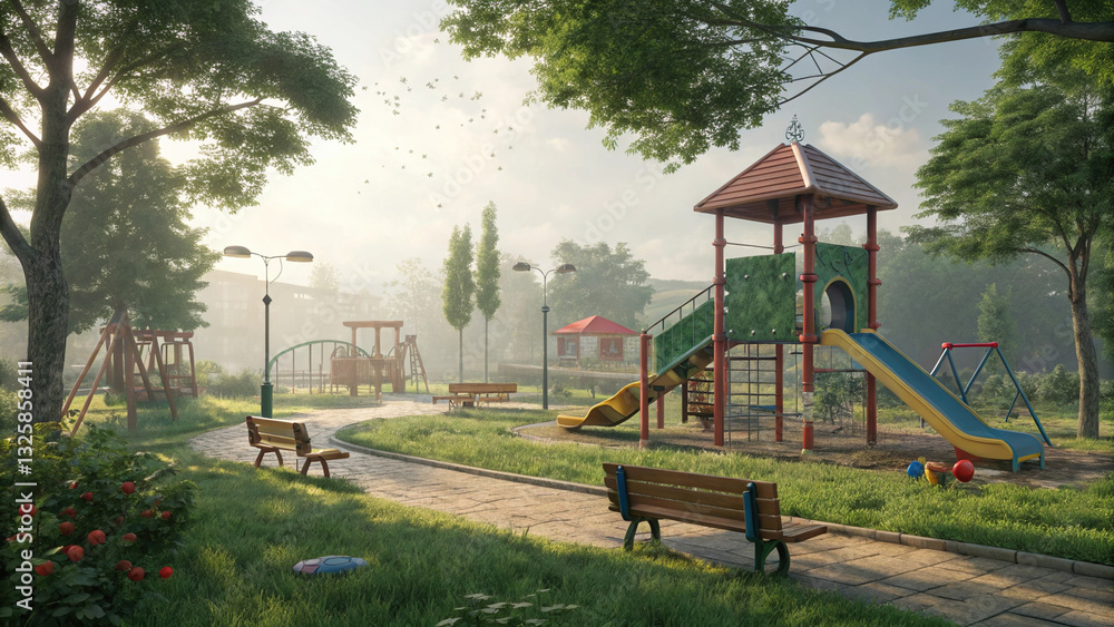 vibrant 3D rendered playground in lush green park with slides, swings, and benches vibrant 3D rendered playground in lush green park with slides, swings, and benches