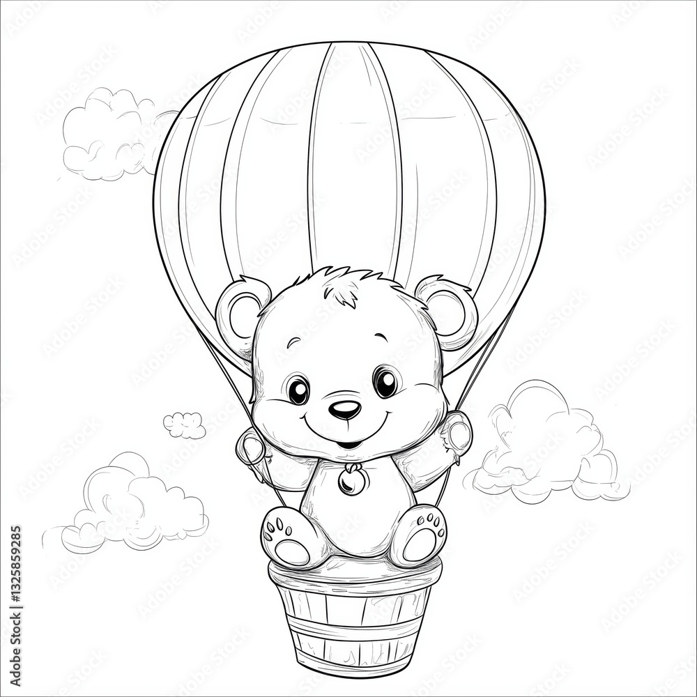Fototapeta premium Drawing simple lines cute Cute watercolor cartoon bear flying on a hot air balloon coloring book pages. cartoons for preschool children