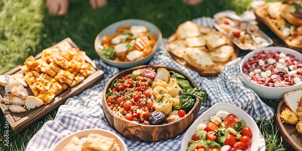 Al Fresco Dining with Appetizing Dishes for a Picnic Gathering Outdoors on the Green Grass Lawn Al Fresco Dining with Appetizing Dishes for a Picnic Gathering Outdoors on the Green Grass Lawn
