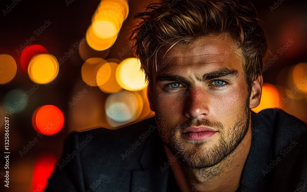Close-up portrait of a handsome man with blue eyes at night. Close-up portrait of a handsome man with blue eyes at night.