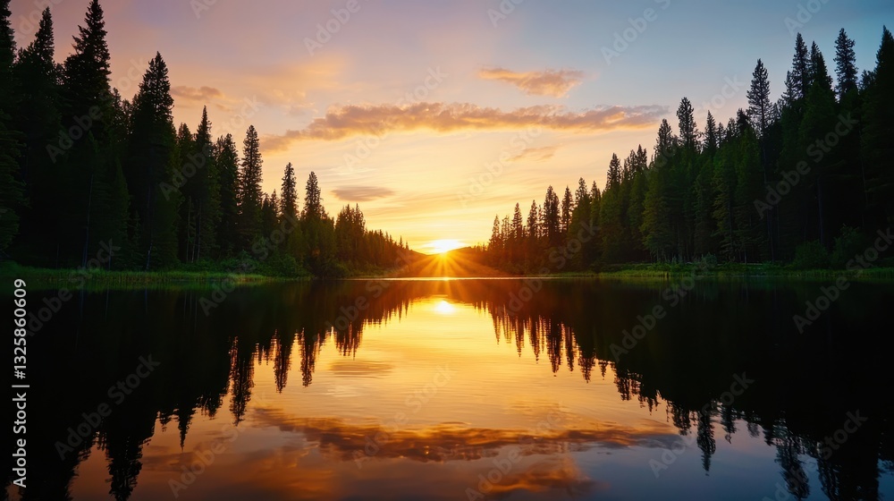 Fototapeta premium A serene sunset reflecting on a tranquil river, surrounded by tall pine trees, creating a picturesque natural landscape.