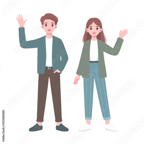 vector young man standing and jumping say hello