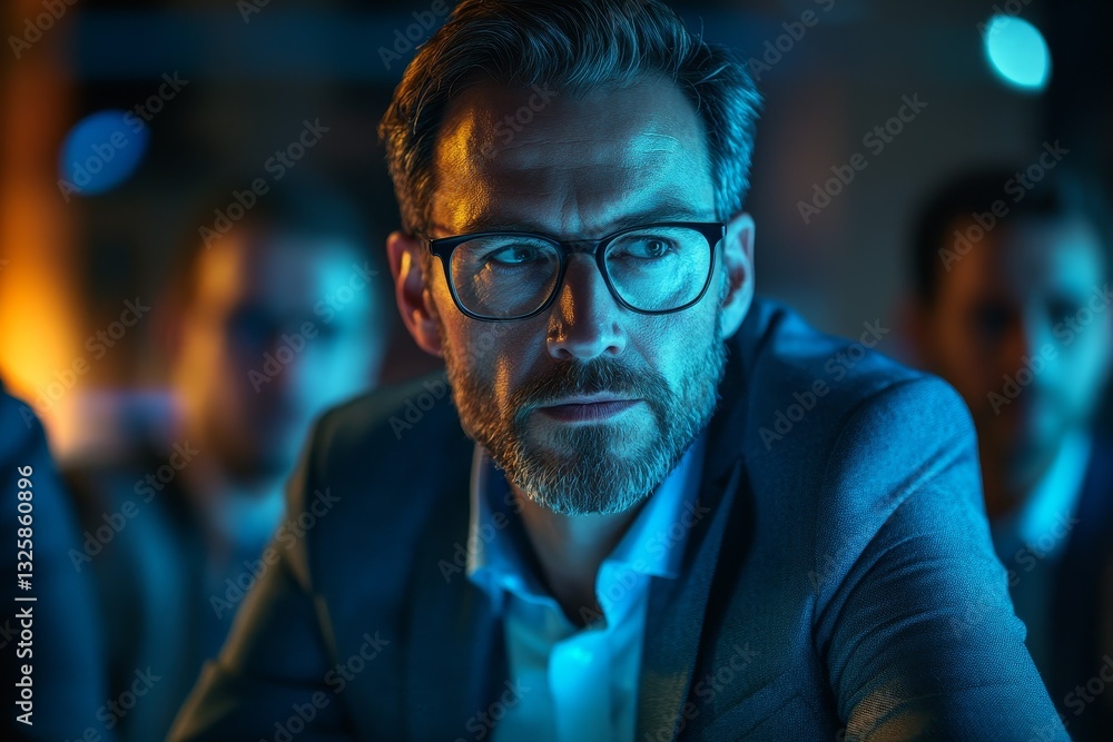 An inspiring CEO guides his team through a brainstorming session using intense lighting and cinematic depth of field. An inspiring CEO guides his team through a brainstorming session using intense lighting and cinematic depth of field.