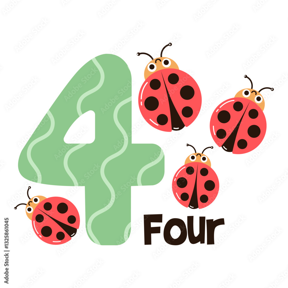 Fototapeta premium Vector image of the numbers four and four cute ladybugs. Math for kids