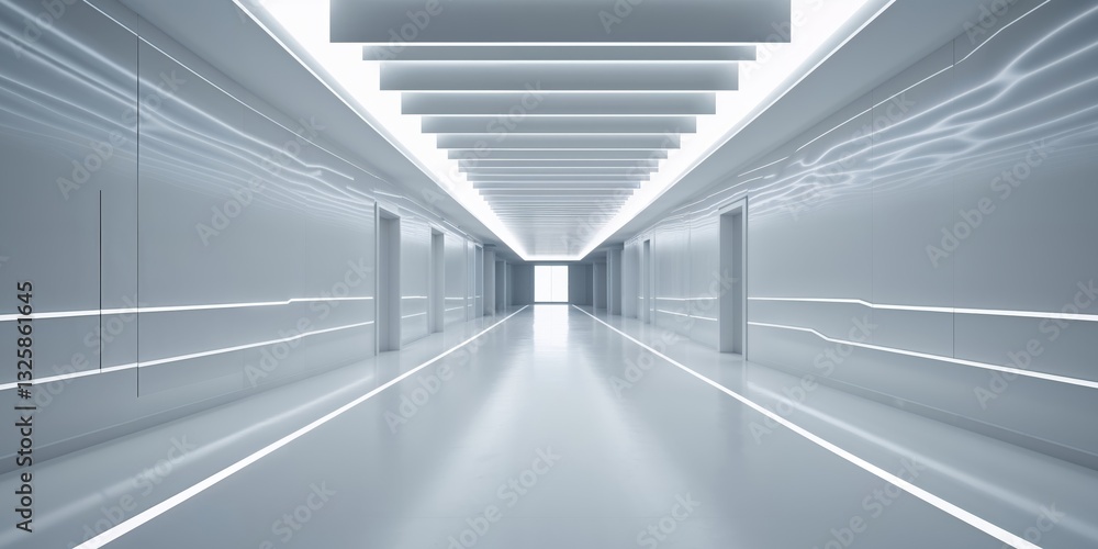 Obraz premium Futuristic White Hallway with LED Lighting.