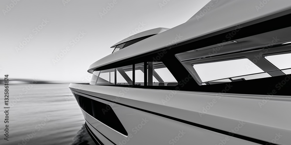 Modern boat design showcasing sleek lines and large windows cut out. Modern boat design showcasing sleek lines and large windows cut out.