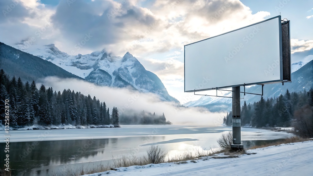 Fototapeta premium Blank Billboard Set Against a Snowy Mountain Backdrop