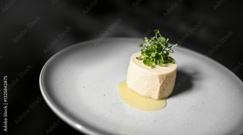 Elegant plated appetizer featuring a smooth terrine, garnished with fresh microgreens and a delicate sauce. Elegant plated appetizer featuring a smooth terrine, garnished with fresh microgreens and a delicate sauce.