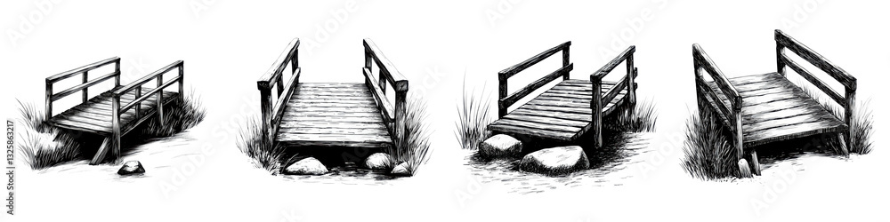 Fototapeta premium Rustic wooden footbridge crossing over a peaceful tranquil stream in a natural forest landscape The old wooden planks and rails lead the way through the lush greenery and rocky terrain