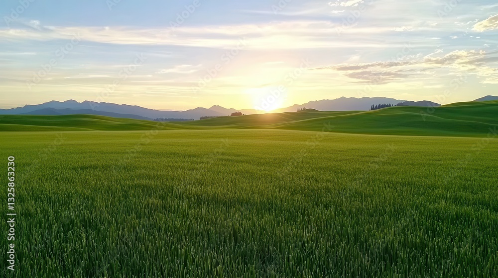 A serene landscape with lush green fields under a vibrant sunset, framed by distant mountains and a clear sky. A serene landscape with lush green fields under a vibrant sunset, framed by distant mountains and a clear sky.