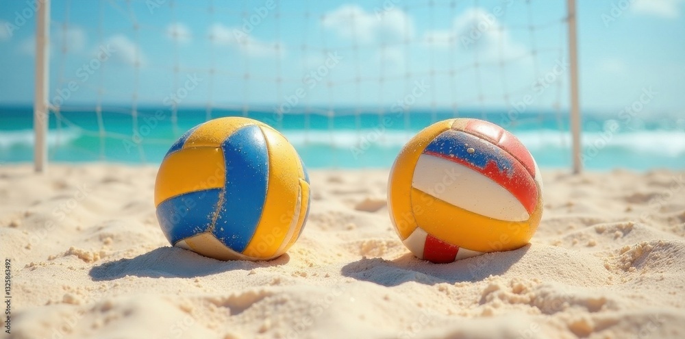Obraz premium Two volleyballs on sandy beach court near net, sand dune, equipment
