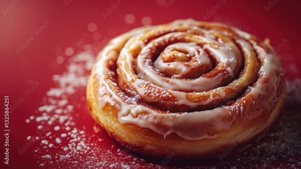 Fototapeta premium A velvety white icing drapes over a golden cinnamon swirl, resting on a vibrant red surface. Its rich aroma promises warmth and comfort in every bite